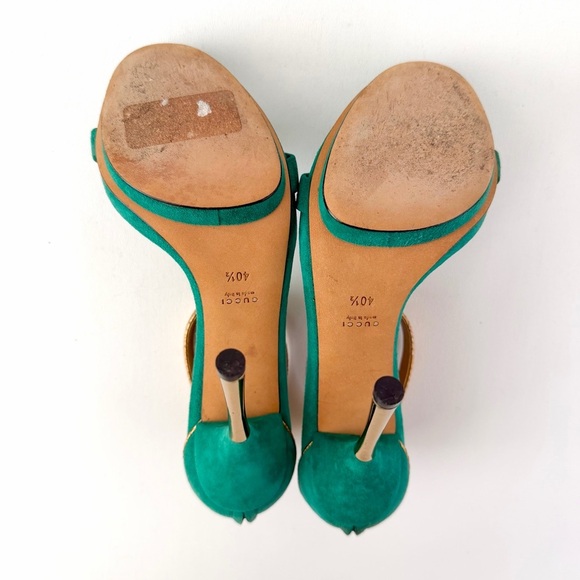 GUCCI | Green Suede and Gold Metallic Snakeskin Ankle Strap Platform Heels 40.5 - Picture 10 of 13